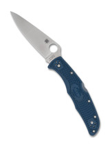 Spyderco Endura 4 folding knife with thumb hole - shown open presentation side.  Satin SPY27 stainless steel plain edge blade.  Blue FRN handle.  Model C10PCBL.