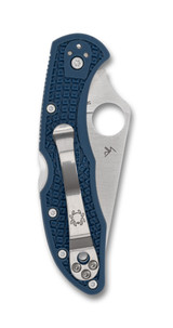 Spyderco Delica 4 folding knife with thumb hole - shown closed pocket clip side.  Satin SPY27 stainless steel plain edge blade.  Blue FRN handle.  Model C11PCBL.
