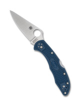 Spyderco Delica 4 folding knife with thumb hole - shown open presentation side.  Satin SPY27 stainless steel plain edge blade.  Blue FRN handle.  Model C11PCBL.