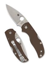 Spyderco Native 5 Sprint Run folding knife with thumb hole - shown open presentation side and closed pocket clip side.  15V steel plain edge blade.  Brown G-10 handle.  Model C41GPBN15V5.
 Spyderco Native 5 Sprint Run folding knife with thumb hole - shown open presentation side and closed pocket clip side.  15V steel plain edge blade.  Brown G-10 handle.  Model C41GPBN15V5.