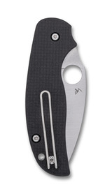 Spyderco Sage 6 folding knife with thumb hole - shown closed pocket clip side.  Satin S30V stainless steel plain edge blade.  Black carbon fiber and G-10 laminate handle.  Model C123CFBLP.
