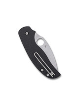 Spyderco Sage 6 folding knife with thumb hole - shown closed pocket clip side.  Satin S30V stainless steel plain edge blade.  Black carbon fiber and G-10 laminate handle.  Model C123CFBLP.