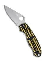 Spyderco Para 3 Salt folding knife with thumb hole - shown open presentation side.  Satin MagnaCut stainless steel plain edge blade. Black and yellow G-10 handle.  Model C223GBKYLMCP.