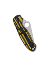 Spyderco Para 3 Salt folding knife with thumb hole - shown closed pocket clip side.  Satin MagnaCut stainless steel plain edge blade. Black and yellow G-10 handle.  Model C223GBKYLMCP.
