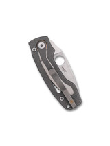 Spyderco PITS 2 folding knife with thumb hole - shown closed pocket clip side.  Satin M398 stainless steel plain edge blade.  Titanium handle.  Model C269TIP.