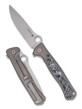 Spyderco Slym folding knife with thumb hole - shown open presentation side and closed pocket clip side. Satin M390 stainless steel plain edge blade. Titanium and carbon fiber handle. Model C271TIP. Spyderco Slym folding knife with thumb hole - shown open presentation side and closed pocket clip side. Satin M390 stainless steel plain edge blade. Titanium and carbon fiber handle. Model C271TIP.