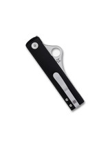 Spyderco Essenza folding knife with thumb hole - shown closed pocket clip side.  Satin N690Co stainless steel plain edge blade.  Black Aluminum handle.  Model C272ALBKP