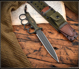 RMJ Tactical Trench Raider - Unsheathed - RMJ Logo Stamped Side. Colbalt Cerakote 3V steel double plain edge blade.  Dirty Olive G-10 handle scales.  Model K-TR-3V-CO-DO-BG.