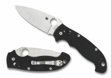 Spyderco Manix 2 XL folding knife with thumb hole - shown open presentation side and closed pocket clip side.  Satin S30V stainless steel plain edge blade. Black G-10 handle.  Model C95GP2.