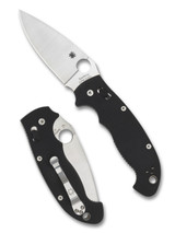 Spyderco Manix 2 XL folding knife with thumb hole - shown open presentation side and closed pocket clip side.  Satin S30V stainless steel plain edge blade. Black G-10 handle.  Model C95GP2.