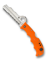 Spyderco Assist Rescue folding knife with thumb hole - shown open presentation side and closed pocket clip side.  Satin VG-10 stainless steel combo edge blade.  Orange FRN handle.  Model C79PSOR.