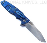 Rick Hinderer Knives Eklipse folding knife with flipper tab - shown open - stonewash blue titanium lock side.  Stonewash 3.5" hollow grind S45VN stainless steel plain edge blade.  Olive Drab (OD) Green G-10 handle scale.  Model KEK35SLHO