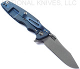 Rick Hinderer Knives Eklipse folding knife with flipper tab - shown open - Battle Blue titanium lock side.  Working Finish 3.5" hollow grind S45VN stainless steel plain edge blade.  Blue - Black G-10 handle scale.  Model KEK35SLHO
