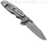 Rick Hinderer Knives Eklipse folding knife with flipper tab - shown open - Working Finish titanium lock side.  Working Finish 3.5" hollow grind S45VN stainless steel plain edge blade.  Blue - Black G-10 handle scale.  Model KEK35SLHO