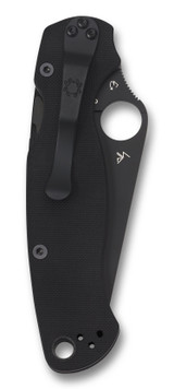 Spyderco Paramilitary 2 folding knife with thumb hole - shown closed pocket clip side.  Black S45VN stainless steel plain edge blade.  Black G-10 handle.  Model C81GPBK2.