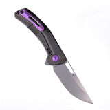 Tactile Knife Co Archer folding knife with flipper tab - shown open lock side.  Satin MagnaCut stainless steel plain edge blade.  Darkwash and Purple titanium handle.  