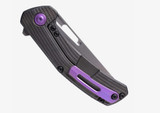 Tactile Knife Co Archer folding knife with flipper tab - shown closed lock side.  Satin MagnaCut stainless steel plain edge blade.  Darkwash and Purple titanium handle.  