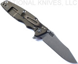 Rick Hinderer Knives Eklipse folding knife with flipper tab - shown open - Battle Bronze titanium lock side.  Working Finish 3.5" hollow grind S45VN stainless steel plain edge blade.  Black G-10 handle scale.  Model KEK35SLHO