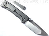 Chaves Knives Integral Redencion 229 folding knife featuring a thumb stud - shown open lock side.  Belt satin M390 stainless steel tanto style plain edge blade.  Stonewash titanium handle.  Model CK-1C1-2A1A-1A0!