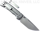 Chaves Knives Integral Redencion 229 folding knife featuring a thumb stud - shown open lock side.  Stonewash M390 stainless steel tanto style plain edge blade.  Stonewash titanium handle.  Model CK-1C1-2B1A-1A0!