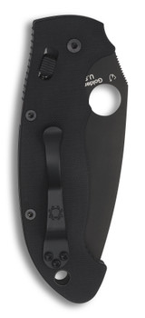 Spyderco Manix 2 XL folding knife with thumb hole - shown closed pocket clip side.  Black S30V stainless steel plain edge blade. Black G-10 handle.  Model C95GPBBK2.