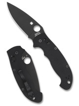 Spyderco Manix 2 XL folding knife with thumb hole - shown open presentation side and closed pocket clip side.  Black S30V stainless steel plain edge blade. Black G-10 handle.  Model C95GPBBK2.