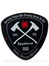 Spyderco 2025 Fire Dragon Challenge Coin - obverse shown.  Multi color enamel finish.  Model COINFD2025.