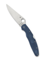Spyderco Police 4 Lightweight folding knife with thumb hole - shown open presentation side.  Satin SPY27 stainless steel plain edge blade.  Blue FRN handle.  Model C07PCBL4.