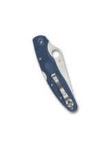 Spyderco Police 4 Lightweight folding knife with thumb hole - shown closed pocket clip side.  Satin SPY27 stainless steel plain edge blade.  Blue FRN handle.  Model C07PCBL4.