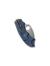 Spyderco Meerkat Sprint Run folding knife with thumb hole - shown closed pocket clip side.  Satin CPM SPY27 stainless steel plain edge blade.  Cobalt Blue G-10 handle.  Model C64PCBL.