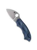 Spyderco Meerkat Sprint Run folding knife with thumb hole - shown open presentation side.  Satin CPM SPY27 stainless steel plain edge blade.  Cobalt Blue G-10 handle.  Model C64PCBL.