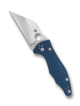 Spyderco Yojimbo 2 folding knife with thumb hole - shown open presentation side.  Satin SPY27 stainless steel plain edge blade.  Cobalt Blue G-10 handle. Model C85GPCBL2.