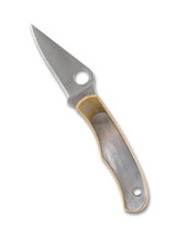 Spyderco Bug folding knife with thumb hole - shown open obverse.  Satin 12C27 stainless steel plain edge blade.  Nickel silver handle with Abalone inlays.  Model C133AP.