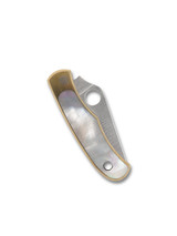 Spyderco Bug folding knife with thumb hole - shown closed reverse.  Satin 12C27 stainless steel plain edge blade.  Nickel silver handle with Abalone inlays.  Model C133AP.