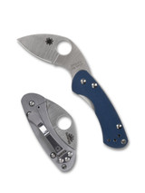 Spyderco Sprint Run Balance folding knife with thumb hole - shown open presentation side and closed pocket clip side.  Satin CPM SPY27 stainless steel plain edge blade.  Cobalt Blue G-10 handle with a stainless steel lock side.  Model C141GPCBL.