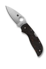 Spyderco Chaparral folding knife with thumb hole - shown open presentation side.  Satin CTS-XHP stainless steel plain edge blade. Red Fatcarbon carbon fiber handle.  Model C152CFRDP.