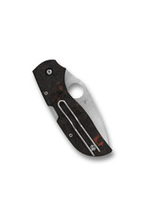 Spyderco Chaparral folding knife with thumb hole - shown closed pocket clip side.  Satin CTS-XHP stainless steel plain edge blade. Red Fatcarbon carbon fiber handle.  Model C152CFRDP.