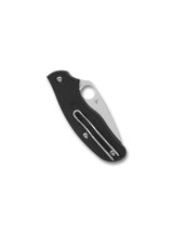 Spyderco Metropolitan Slipit folding knife with thumb hole - shown closed pocket clip side.  Satin M398 stainless steel plain edge blade.  Black FRN handle.  Model C213PBK.