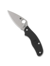 Spyderco Metropolitan Slipit folding knife with thumb hole - shown open presentation side.  Satin M398 stainless steel plain edge blade.  Black FRN handle.  Model C213PBK.