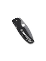 Spyderco Shaman Lightweight folding knife with thumb hole - shown closed pocket clip side.  CTS-BD1N stainless steel plain edge blade.  Black FRN handle.  Model C229PBK.
