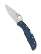 Spyderco Endela folding knife with thumb hole - shown open presentation side.  Satin SPY27 stainless steel plain edge blade.  Cobalt Blue FRN handle.  Model C243PCBL.