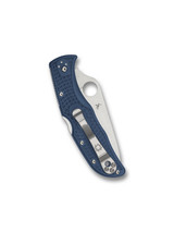 Spyderco Endela folding knife with thumb hole - shown closed pocket clip side.  Satin SPY27 stainless steel plain edge blade.  Cobalt Blue FRN handle.  Model C243PCBL.