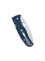 Spyderco Bodacious folding knife with thumb hole - shown closed pocket clip side.  Satin SPY27 stainless steel plain edge blade.  Cobalt Blue G-10 handle.  Model C263GPCBL.