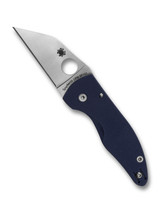 Spyderco MicroJimbo folding knife with thumb hole - shown open presentation side.  Satin SPY27 stainless steel plain edge blade.  Cobalt Blue G-10 handle.  Model C264GPCBL.