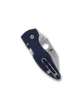 Spyderco MicroJimbo folding knife with thumb hole - shown closed pocket clip side.  Satin SPY27 stainless steel plain edge blade.  Cobalt Blue G-10 handle.  Model C264GPCBL.