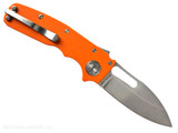 Demko Knives Shark Cub Shark Slicer folding knife with thumb slot - shown open pocket clip side.  Stonewash 20CV stainless steel plain edge blade.  Orange G-10 handle.