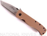 Emerson Knives CQC-7V SF folding knife with thumb disk and Emerson Wave opener - shown open presentation side.  Satin 154CM stainless steel, "V" ground, plain edge blade.  Tan G-10 handle.  Model CQC-7V-SF.