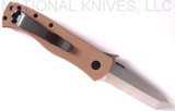 Emerson Knives CQC-7V SF folding knife with thumb disk and Emerson Wave opener - shown open pocket clip side.  Satin 154CM stainless steel, "V" ground, plain edge blade.  Tan G-10 handle.  Model CQC-7V-SF.
