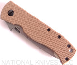 Emerson Knives CQC-7V SF folding knife with thumb disk and Emerson Wave opener - shown closed presentation side.  Satin 154CM stainless steel, "V" ground, plain edge blade.  Tan G-10 handle.  Model CQC-7V-SF.