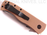 Emerson Knives CQC-7V SF folding knife with thumb disk and Emerson Wave opener - shown closed pocket clip side.  Satin 154CM stainless steel, "V" ground, plain edge blade.  Tan G-10 handle.  Model CQC-7V-SF.